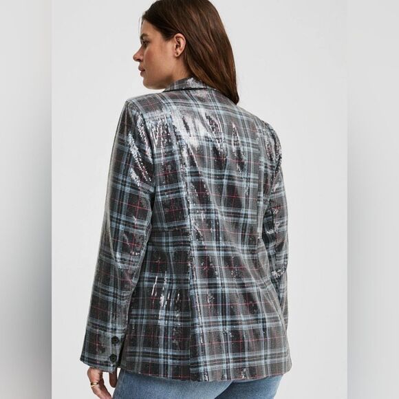 NWT Torrid Sequin Button Front Blazer Plaid blue black satin interior size L - Picture 12 of 14